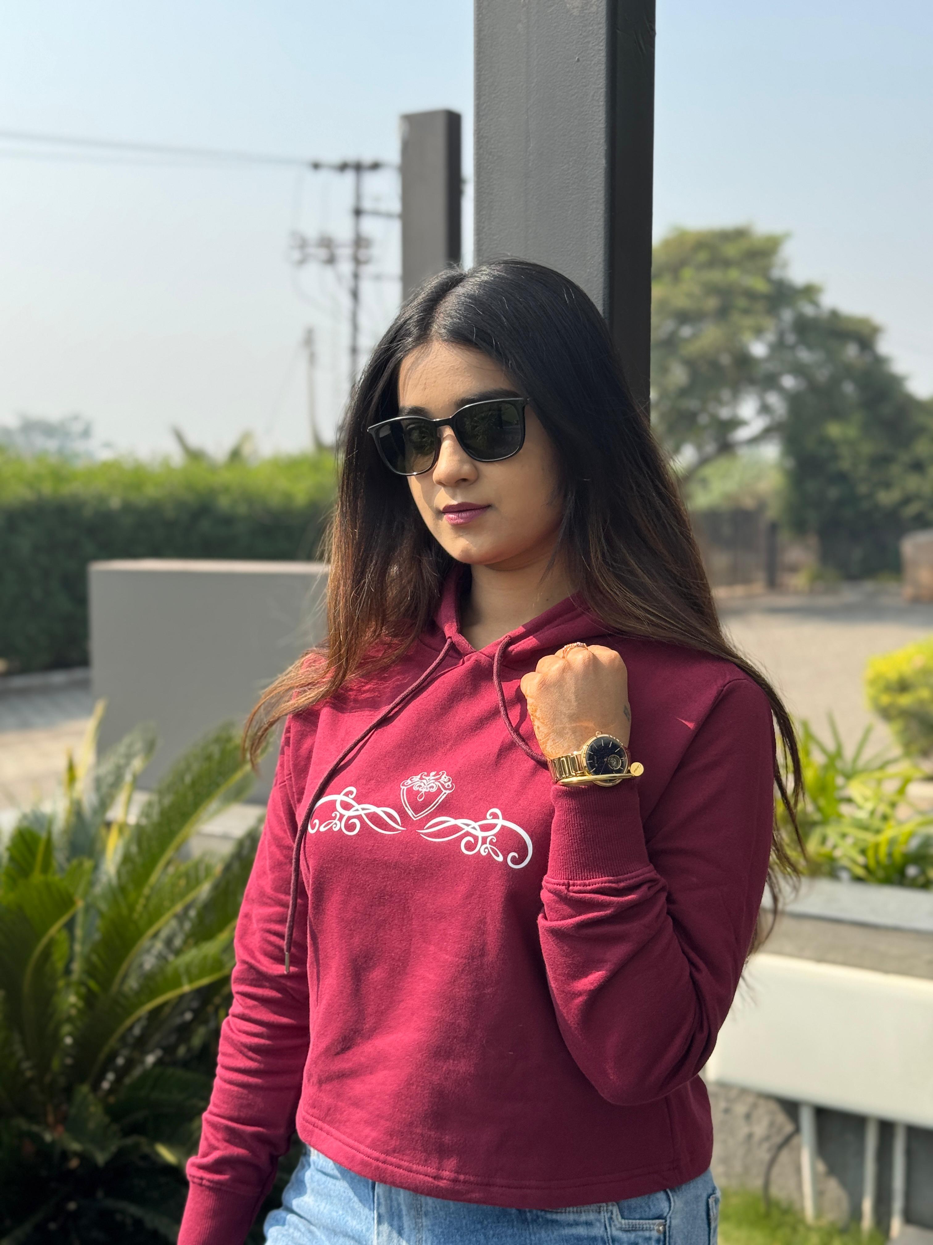 Women’s Inwestyle Maroon Printed Crop Hoodie