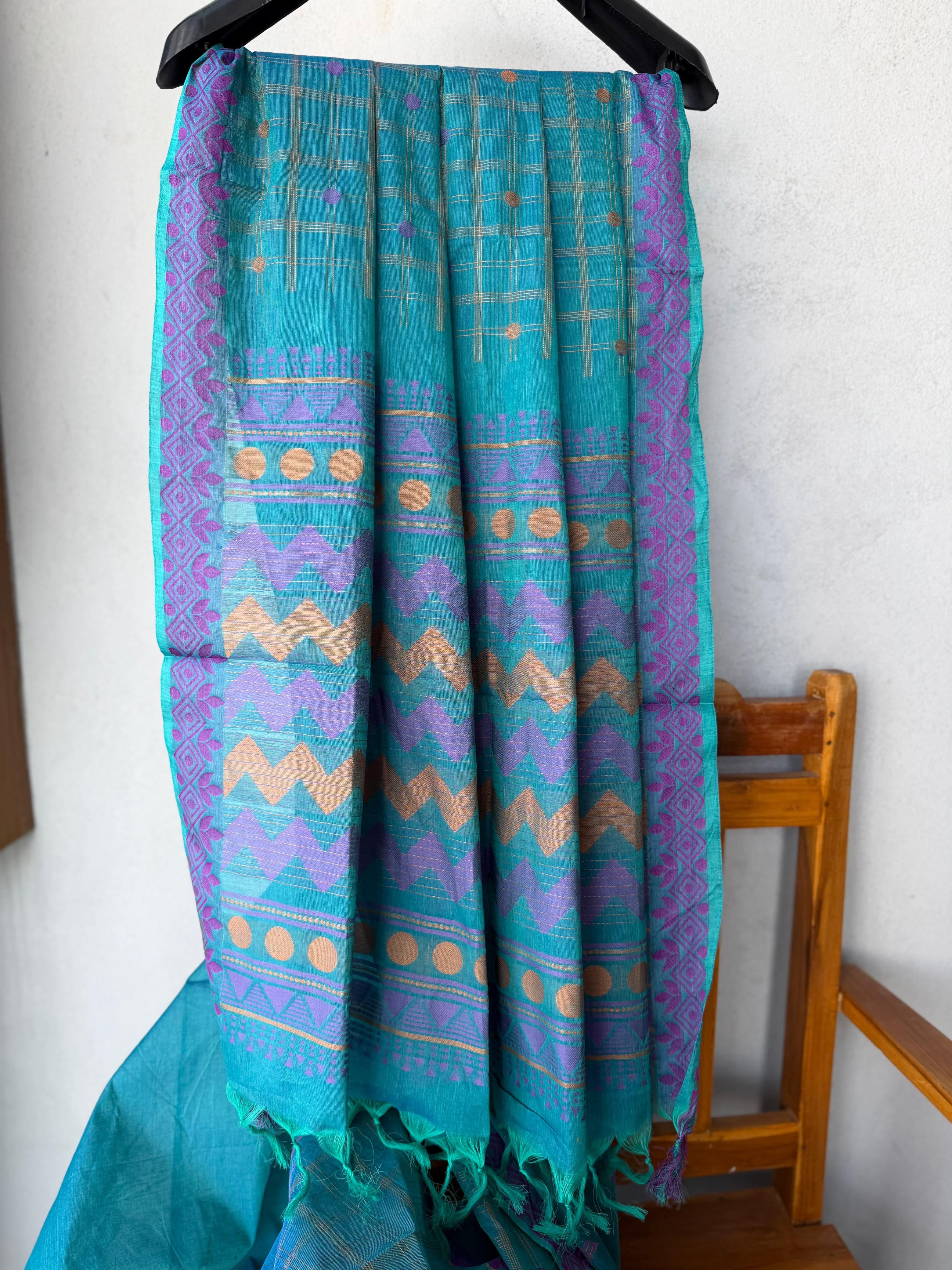Inwestyle Pure Cotton Sky Blue Handloom Saree