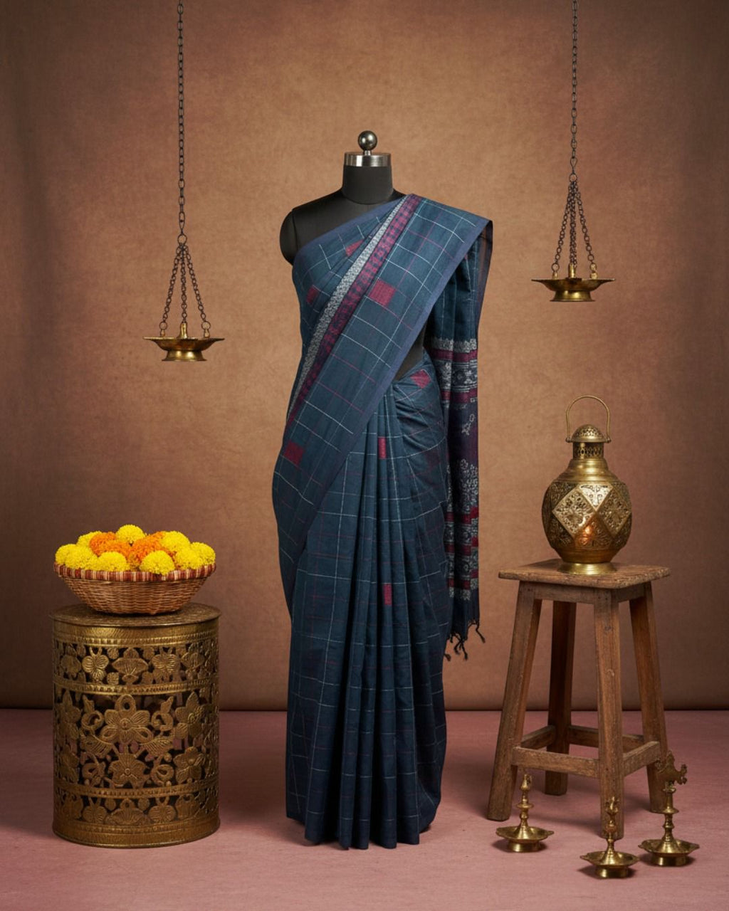 Inwestyle Pure Cotton Navy Blue Handloom Saree